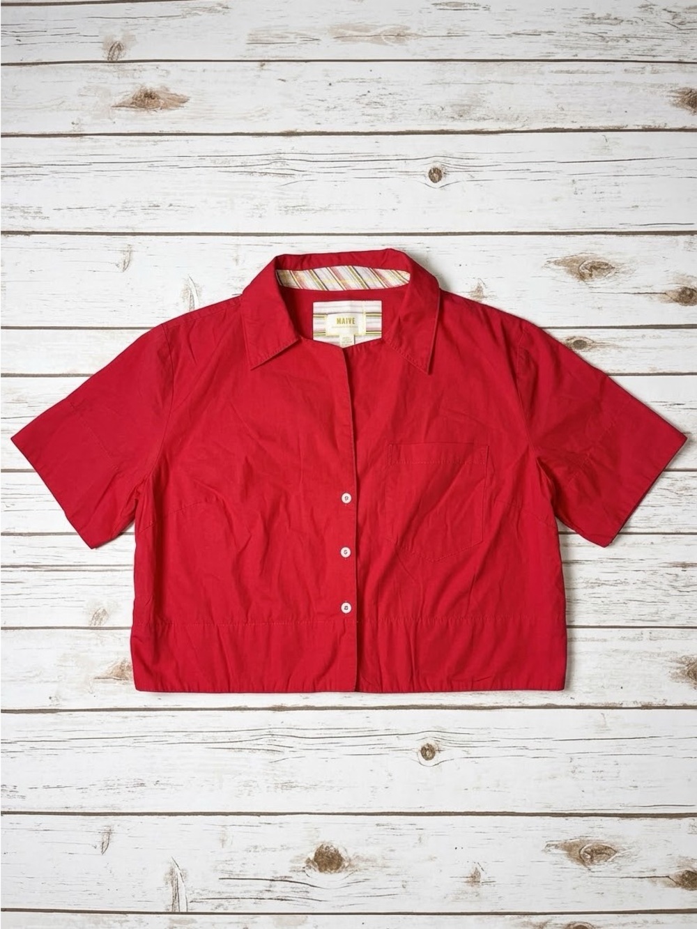 Maeve Anthropologie Red Cropped Boxy Short Sleeve Button Front Shirt Size Small